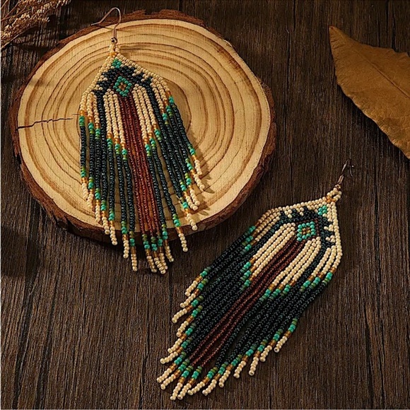 Bohemian Beaded Dangle Tassel Earrings, Tribal Design, Western, Boho, Fringe - Picture 3 of 5